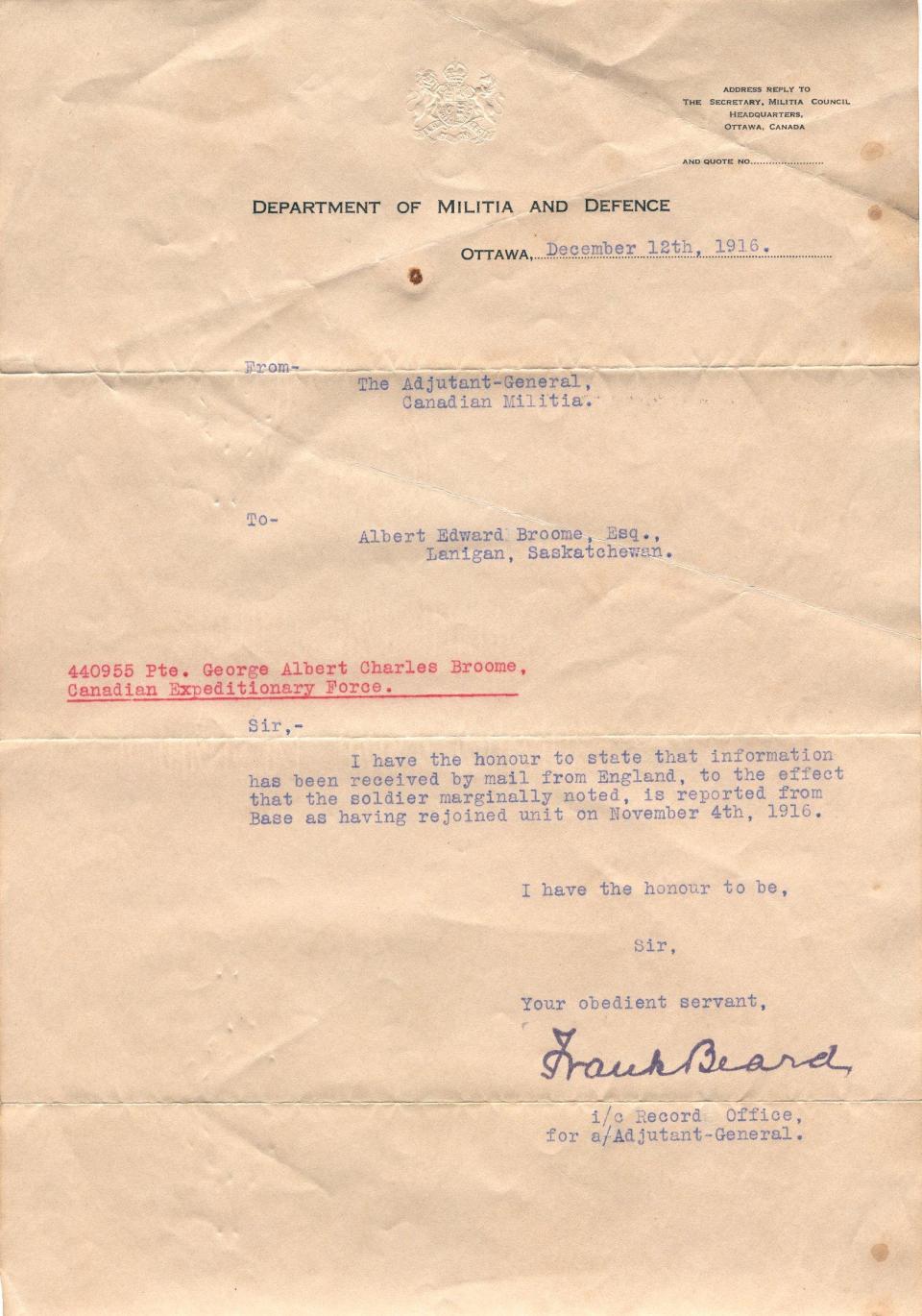 Letter from the
Department of Militia and Defence
Regarding Broome rejoining his unit
Dec. 12, 1916