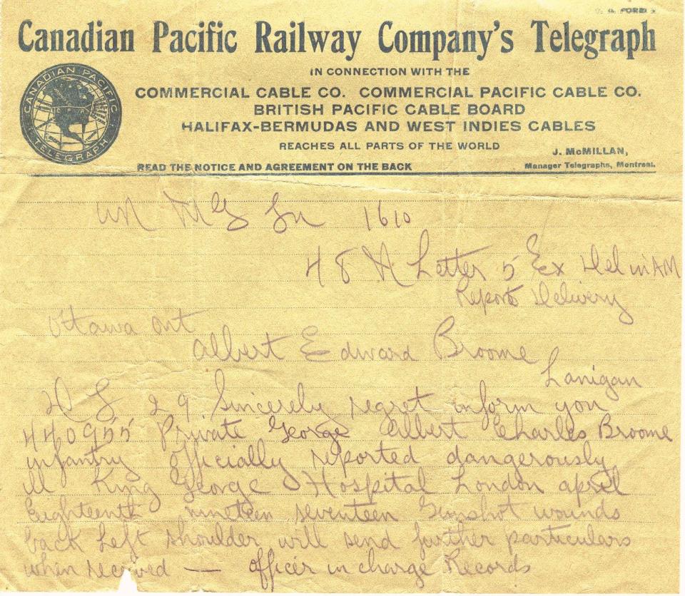 Canadian Pacific Railway
Company's Telegraph
Regarding the seriousness 
of Broome's gunshot wounds