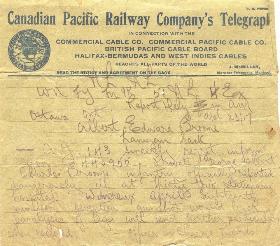 Canadian Pacific RailwayCompany's TelegraphRegarding seriousness ofgunshot wound rendering hislegs paralysedApril 23, 1917