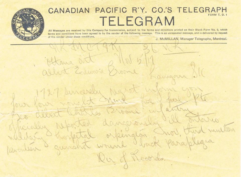 Canadian Pacific Railway
Company's Telegraph
Regarding gunshot wounds
Nov. 5, 1917