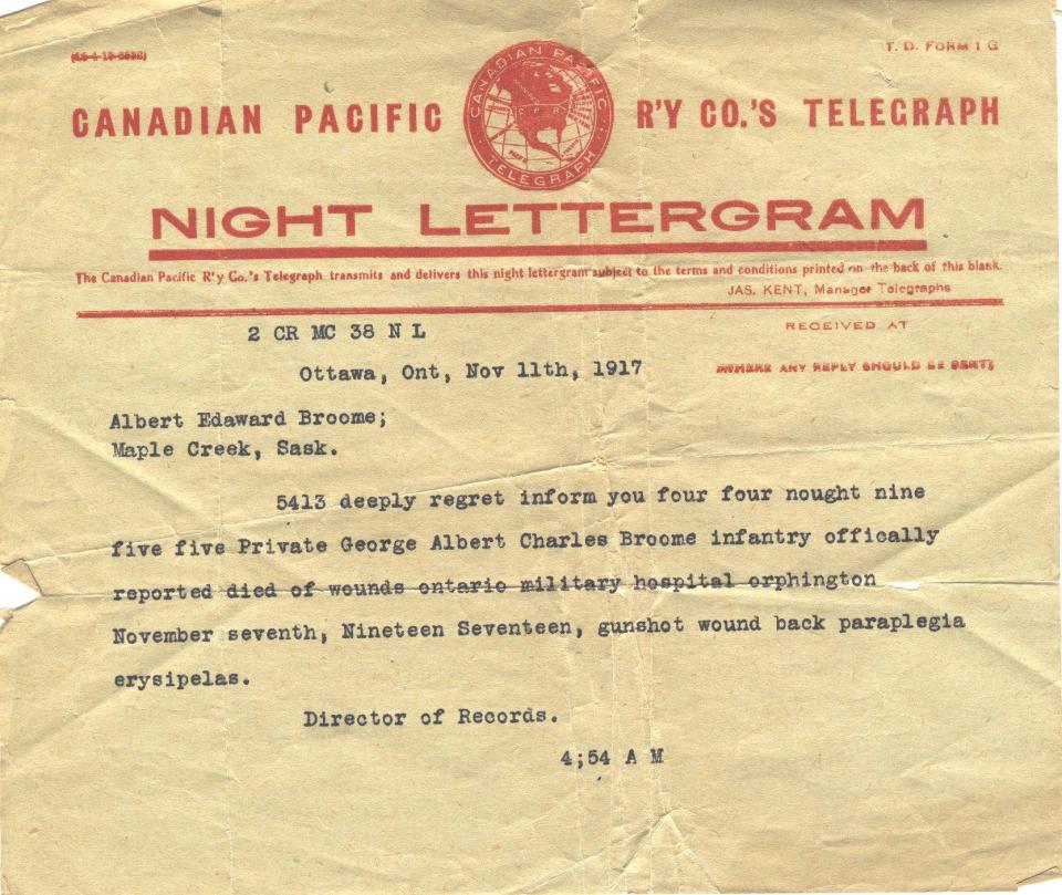 Canadian Pacific Railway
Company's Telegraph
Night Lettergram
Regarding the death of
Private Broome
Nov. 11, 1917