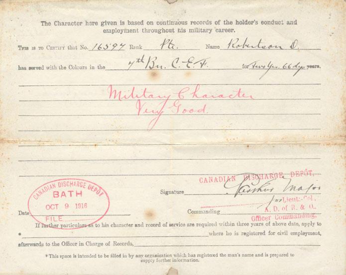 Character Certificate stamped by the Canadian Discharge Depot on October 9 1916. Military character is noted to be very good.