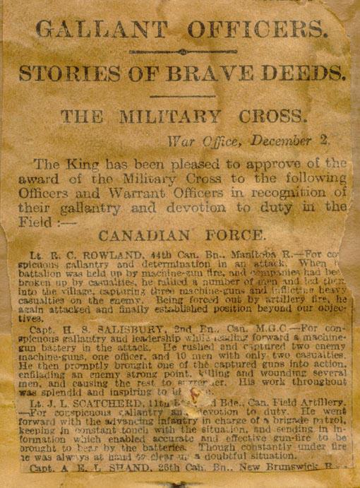 Newspaper Clipping December 1917
"Gallant Officers, Brave Deeds"
The Military Cross is given to 
John Labatt Scatcherd