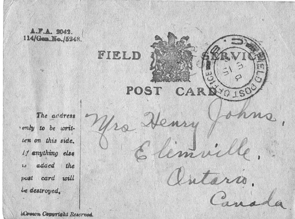 Field Service Postcard addressed to Mrs. Henry Johns (front)