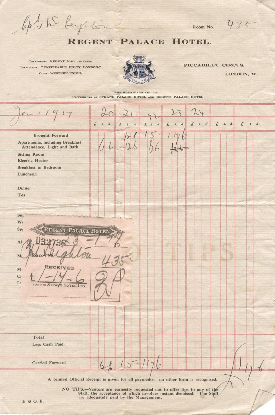 Regent Palace hotel receipt