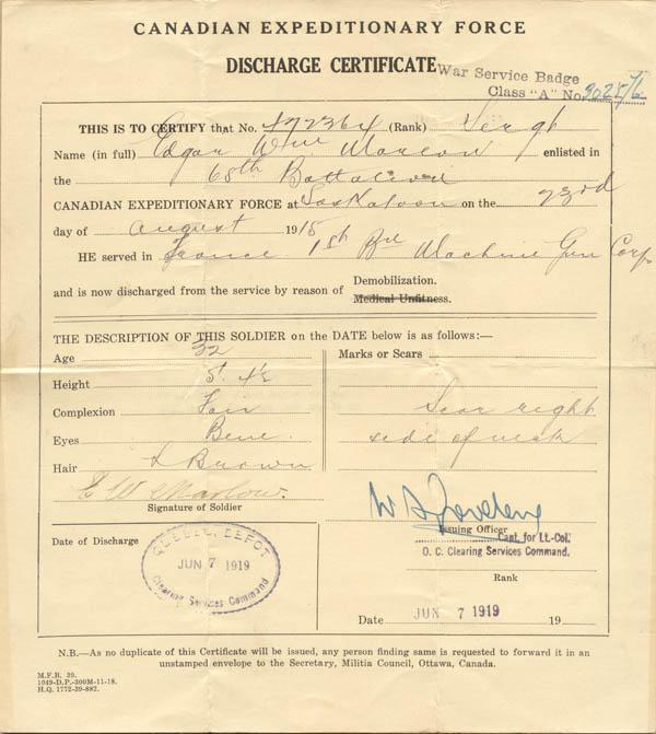 June 7, 1919, Discharge Certificate, front