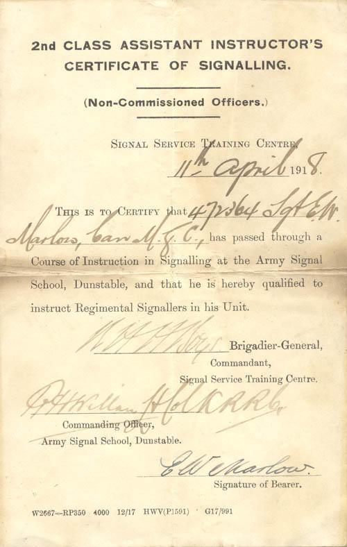 April 11, 1918, 2nd Class Assistant Instructor's Certificate of Signalling