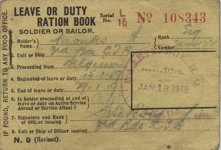 Monks ration book Jan 13 1919.front cover