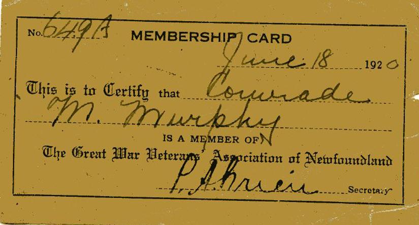 Great War Veterans' Association of Newfoundland Membership Card