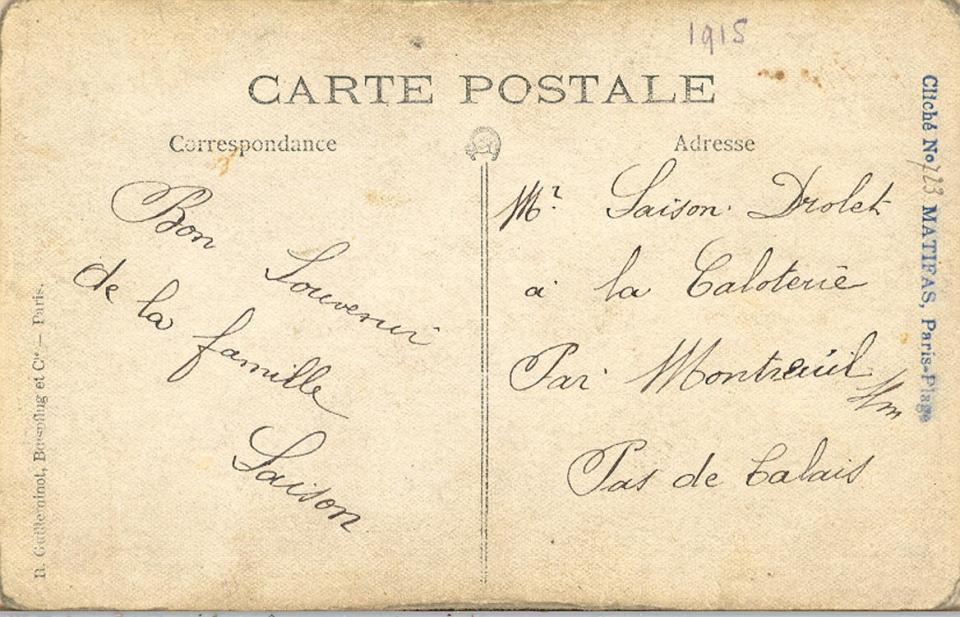 Back of post card from France featuring Joseph Handley Smith and his friend on a horse.