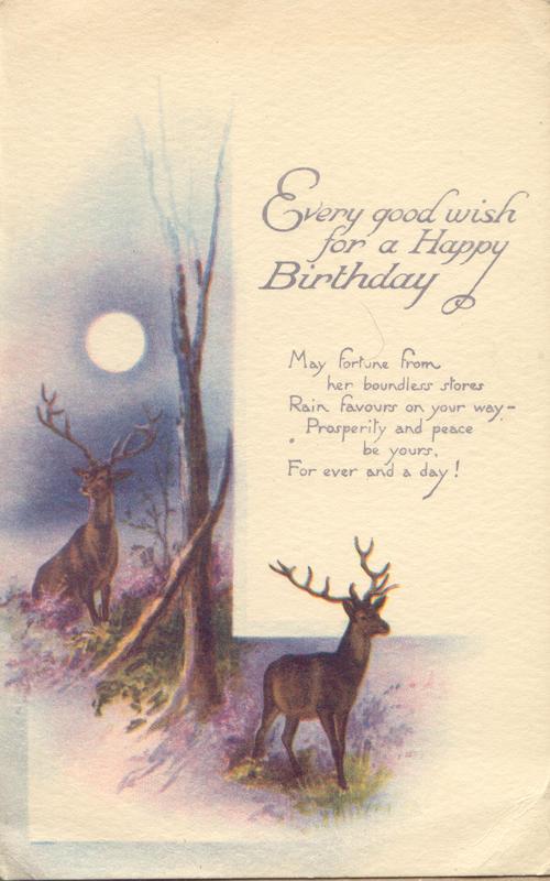 My dear little cousin Dorothy,

I am sending you this card to wish you a happy birthday. I am staying quite near to Daddy's Hospital &amp; see him every day. I am sure you wish you could do so, he is looking so well &amp; such a brown face &amp; wears a pretty bright blue suit of clothes with a red tie. Auntie Elma is here too &amp; her doggie who has such romps with a little black kitten. Little Gladys who was in Daddy's hospital has gone to the "Band of hope" tea to-day. Love to Mummy &amp;...