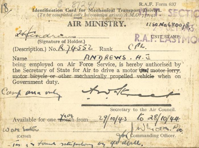 Air Ministry Identification Card, front