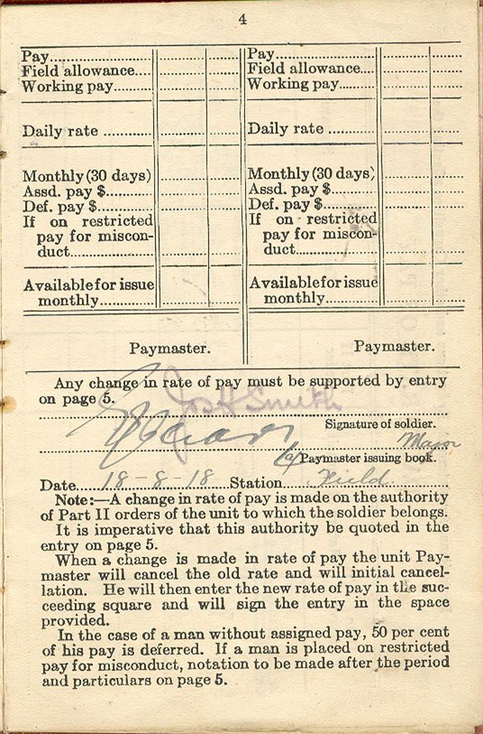 Page 4 of Active Service Paybook from August, 1918.