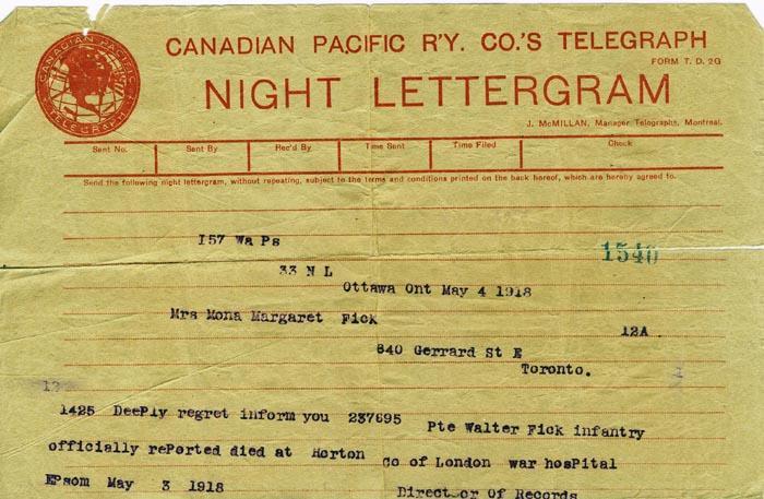 Telegram of his death, May 4, 1918