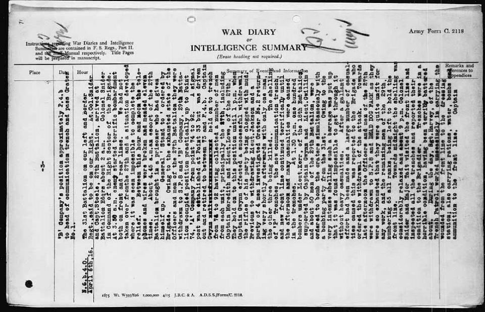 Battalion War Diary, April, 1916.