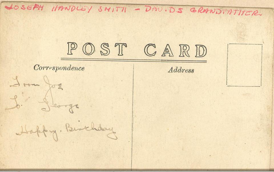 Back of post card featuring Joseph Handley and his two brothers who were in the Army and Navy.