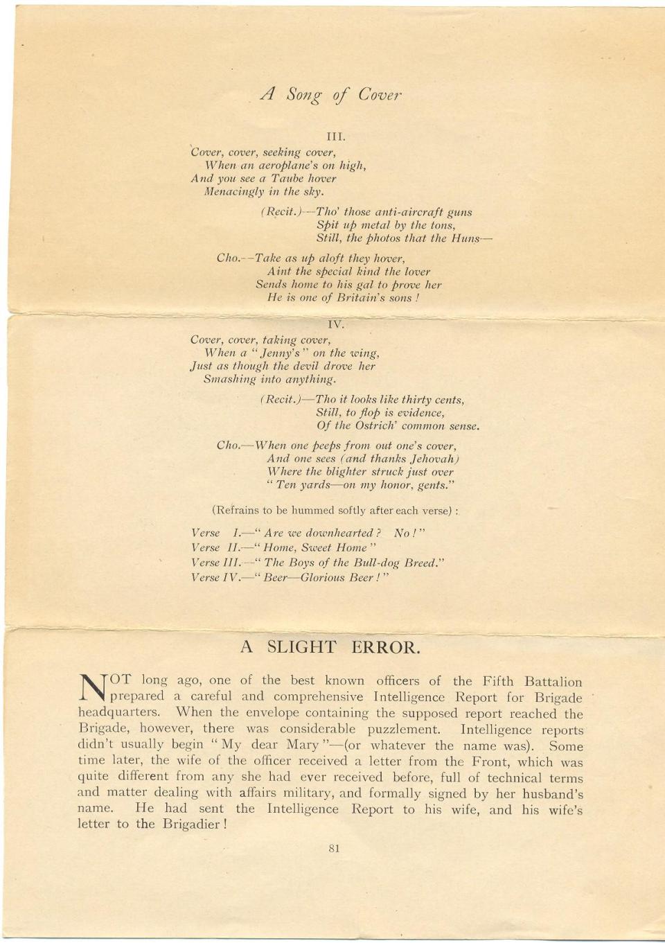 Page 1
Printed Matter from
5th Canadian Battalion
1st Canadian Division
"A Song of Cover" &amp; "A Slight Error"