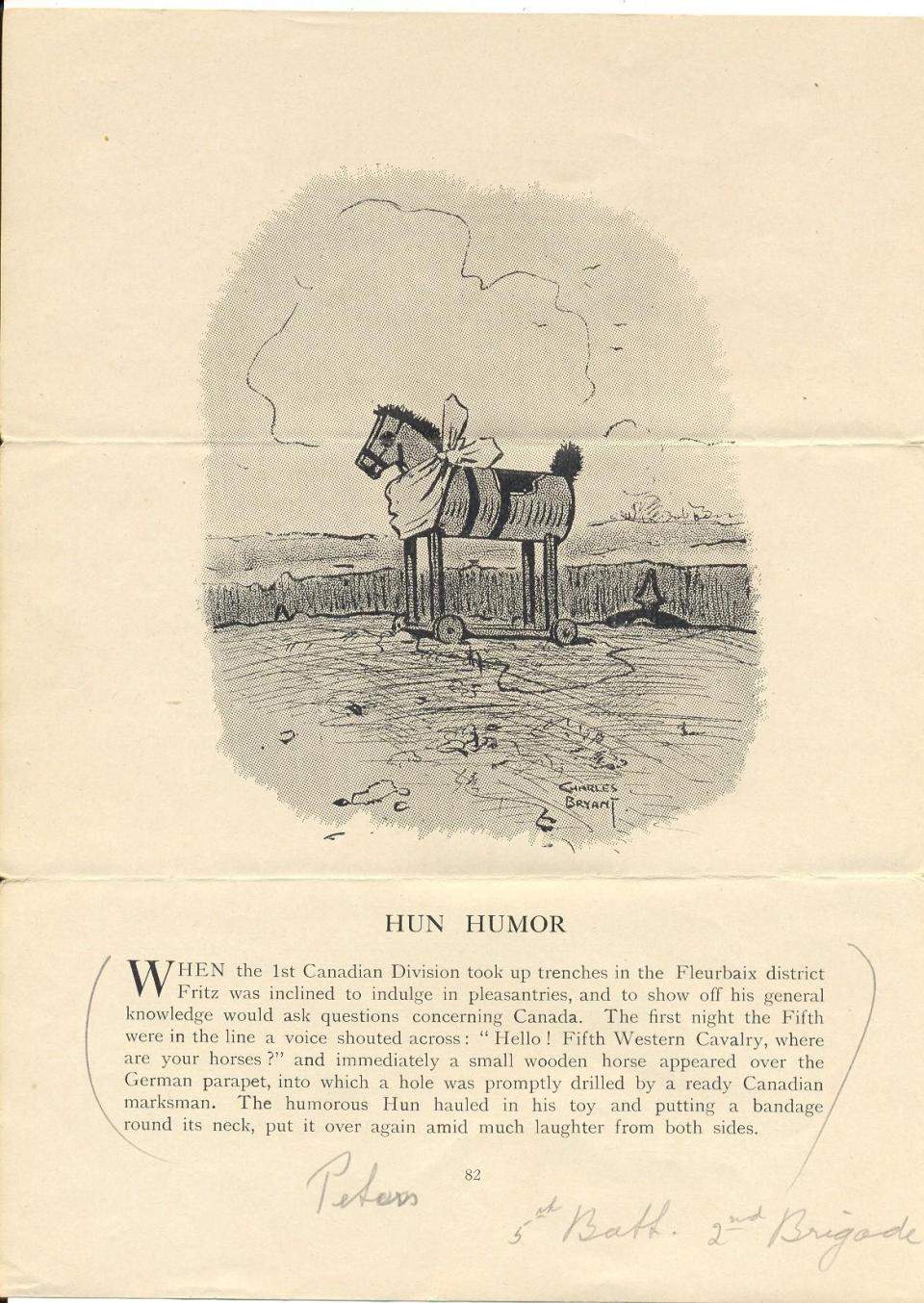 Page 2
Printed Matter from
5th Canadian Battalion
1st Canadian Division
Humorous Story "Hun Horse"
