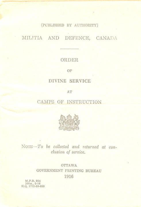 Militia &amp; Defence
Order of Divine Service
At Camps Instructions
1916
Cover