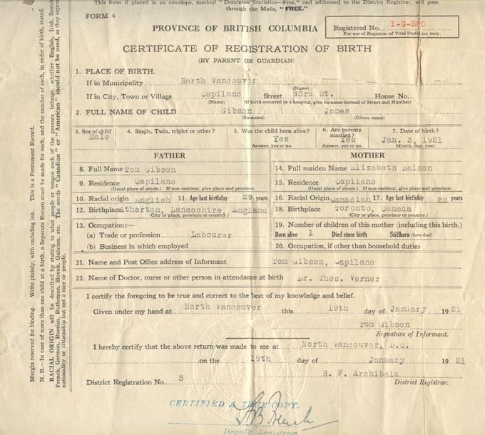 James Gibson's
Birth Certificate