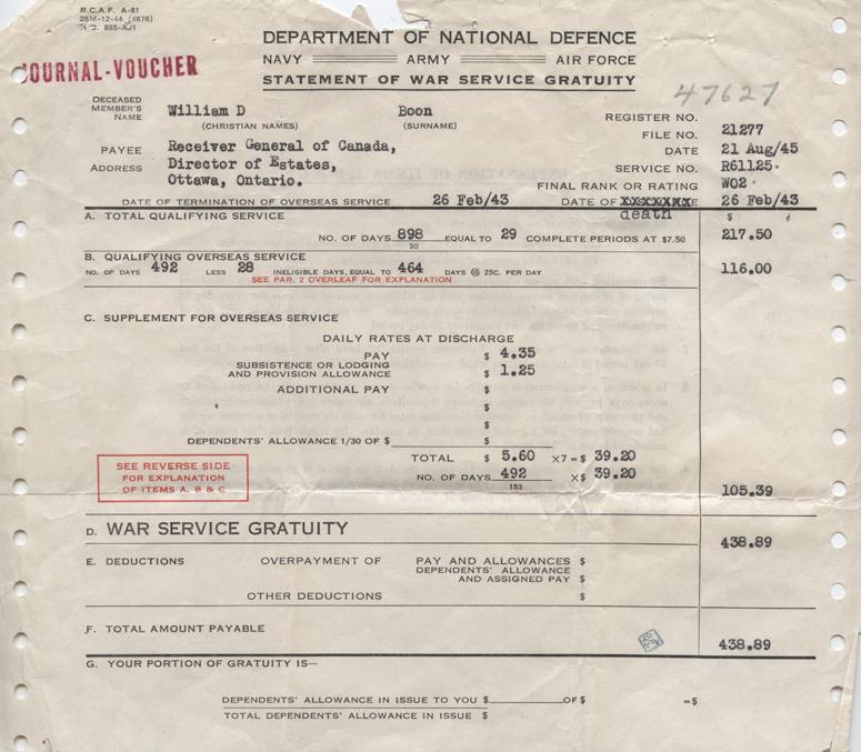 Gratuity Statement. August 21, 1945. Front.