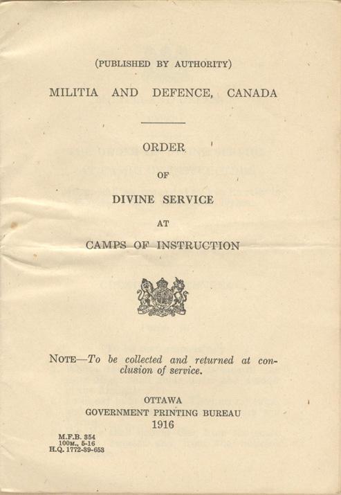 Militia &amp; Defence
Order of Divine Service
At Camps Instructions
1916
Page 1