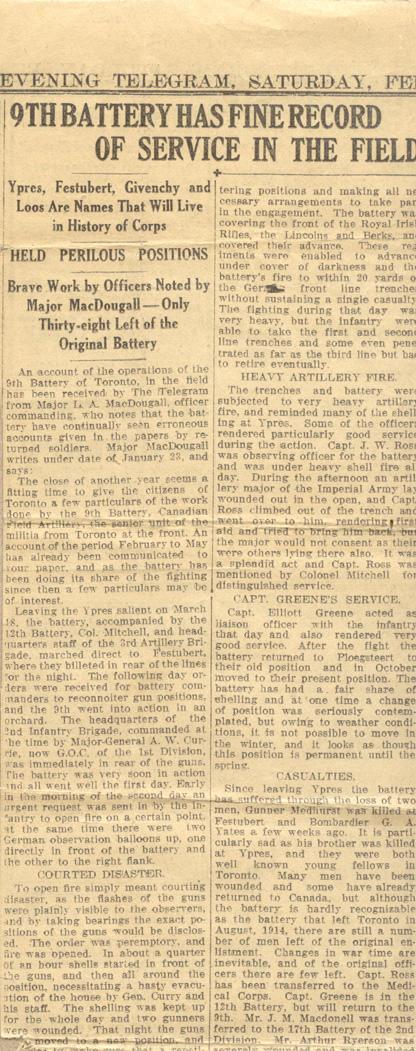 #1 Newspaper Clipping entitled
"9th Battery Has a Fine Record
Of Service On The Battle Feild"
ca. February 1916