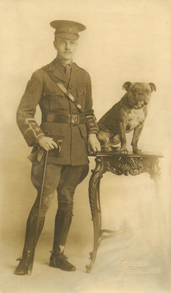 WWI; Copeland in uniform with dog, Savannah Studio, Victoria, B.C. 