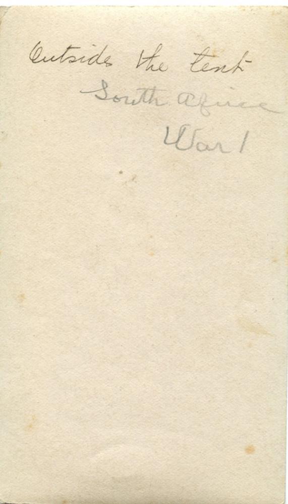 Back view of Pte. Harold Dean outside his tent in South Africa, B.E.F., WWI 
