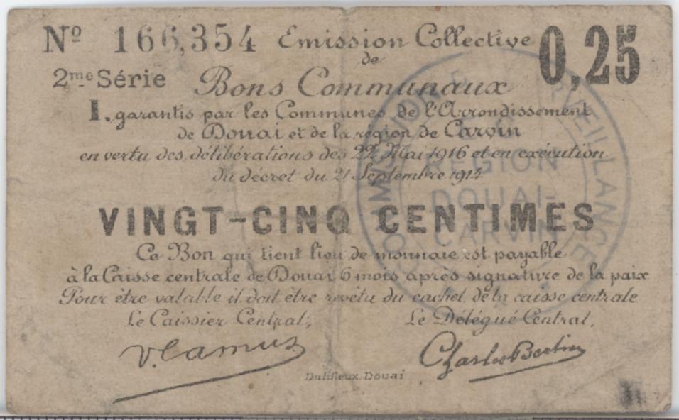 Front view of WWI issue French Chamber of Commerce 25 centimes banknote, City of Douai, France.