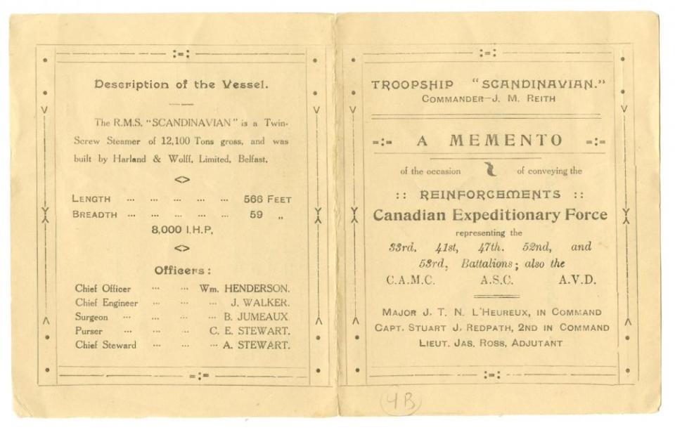 #01-covers: Souvenir record of the Troopship Scandinavian’s sailing of June 17, 1915; front and back covers.