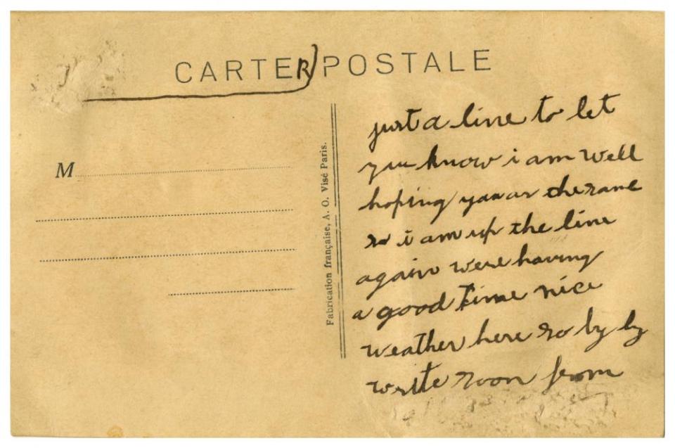 #07-back: “just a line to let you know i am well hoping your ar the same so i am up the line again were having a good time nice weather here so by by write soon from” 