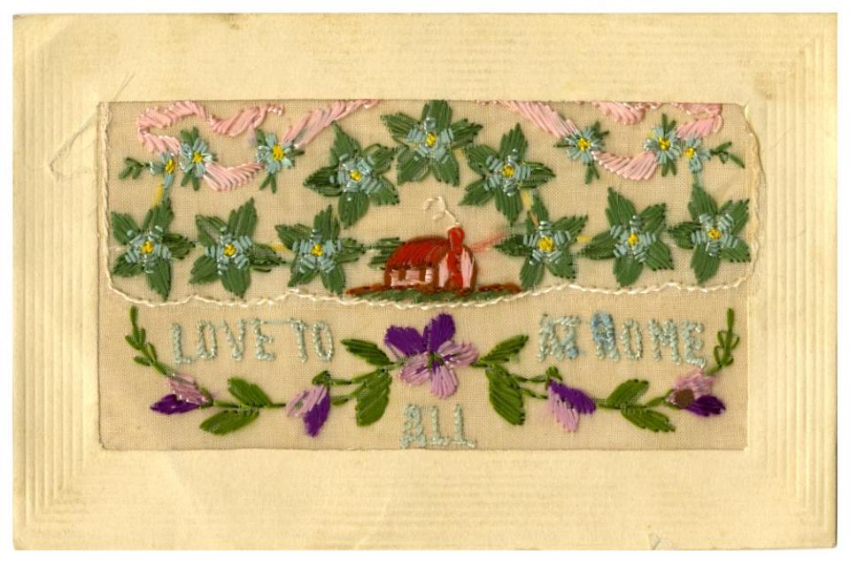 #07-front: Souvenir silk postcard with embroidered message “LOVE TO ALL AT HOME,” including a small card enclosed in the silk pocket with printed message “To my dear Wife.”