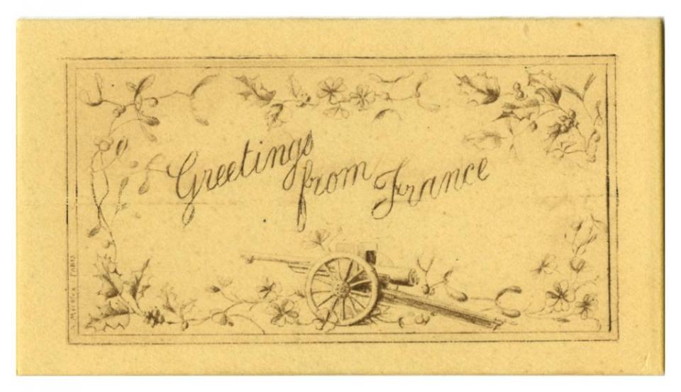 #06-enclosed-card-front: “Greetings from France” card that was enclosed with the souvenir silk postcard, November 1915.