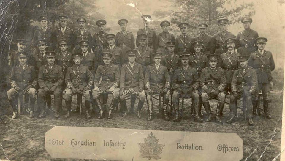 161st Canadian Infantry Battalion Officers.  James Lloyd Evans seated third from right