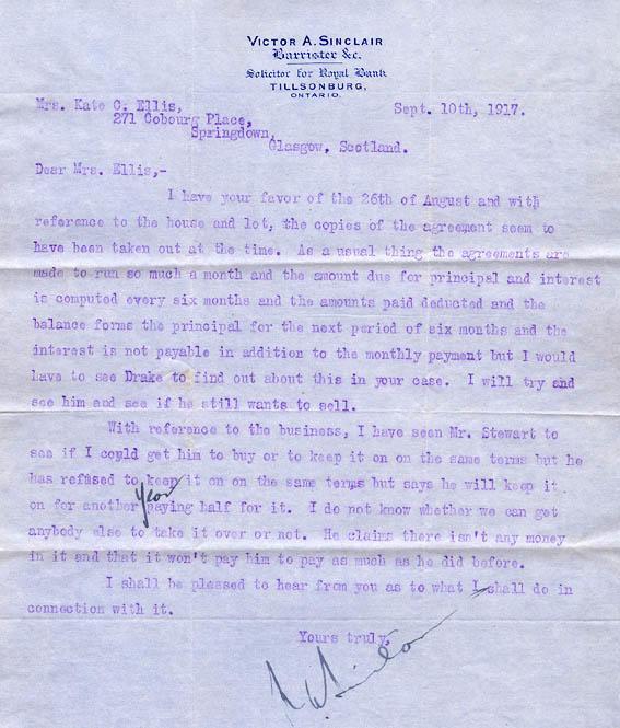 Letter from Barrister
Regarding House and Property
In Ontario
Septemeber 10, 1917