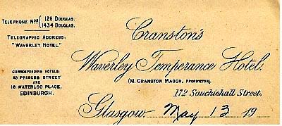 Letter Head from
Cranston's Waverly
Temperance Hotel