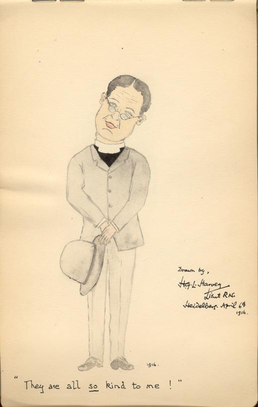 Drawing of man holding hat, Lt. H.G.L. Harvey RN, Heidelberg P.O.W. Camp, Germany, Aug. 1916, WWI