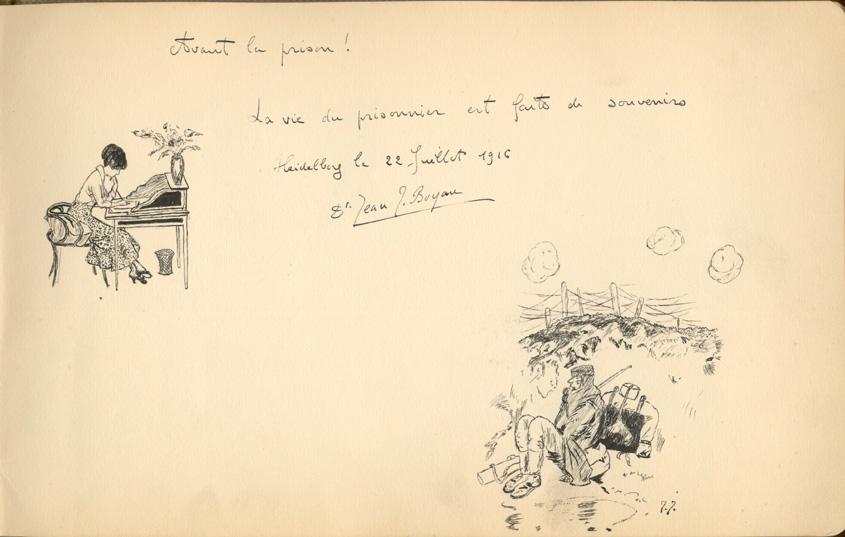 Drawings of woman writing & soldier in trench, Jean J. Bovan, Heidelberg P.O.W. camp Aug. 1916, WWI