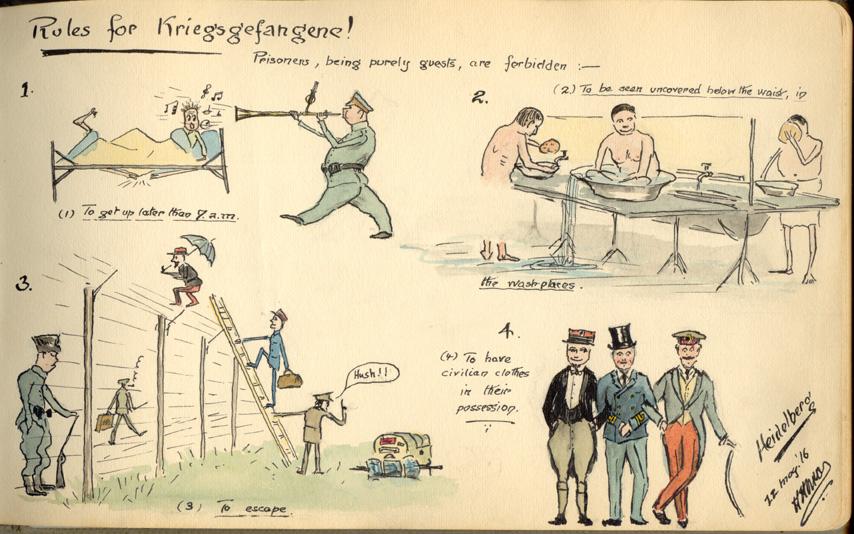 Cartoon of life in Camp, Heidelberg P.O.W. Camp, Germany, Aug. 1916, WWI