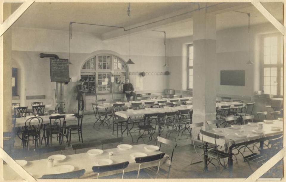 View of dining hall. Heidelberg P.O.W. Camp, Germany, Aug. 1916, WWI