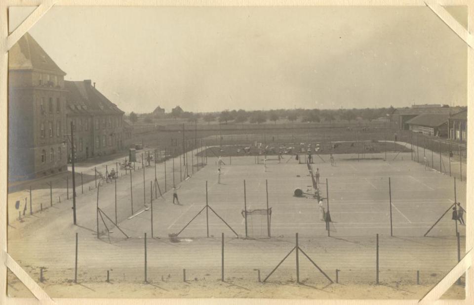 View of prison ground with tennis courts, Heidelberg P.O.W. Camp, Germany, Aug. 1916, WWI