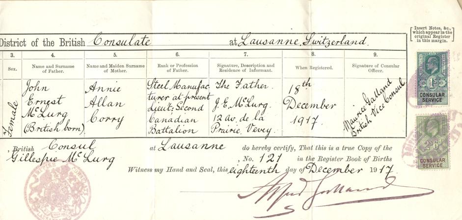 Registration of Birth of McLurg’s daughter, 1917 Mürren P.O.W. Camp, Switzerland, WWI, right side