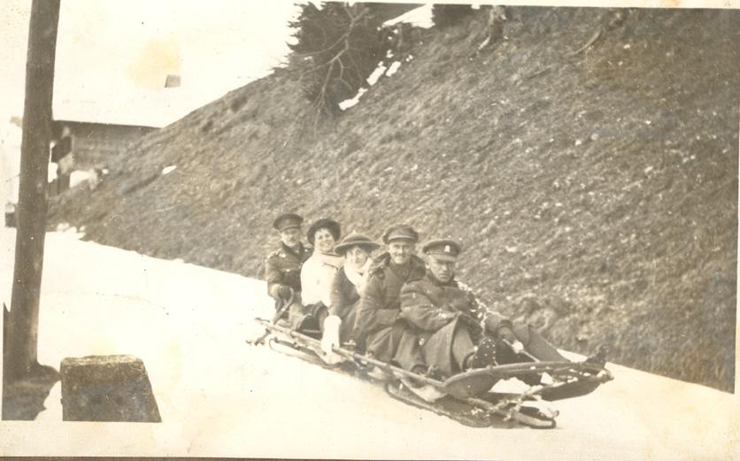 Group tobogganing at Mürren Prisoner of War camp, Switzerland, 1916/1917, WWI