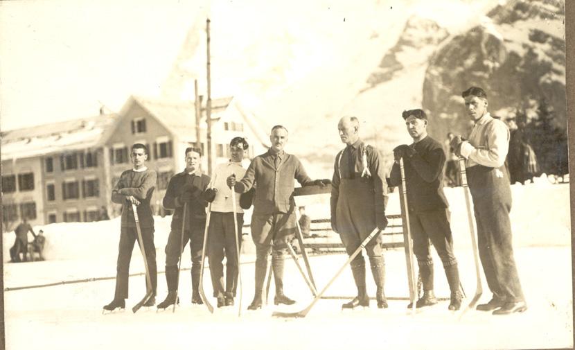 Hockey players (John McLurg 3rd on right), Mürren Prisoner of War camp, Switzerland, 1916/1917, WWI