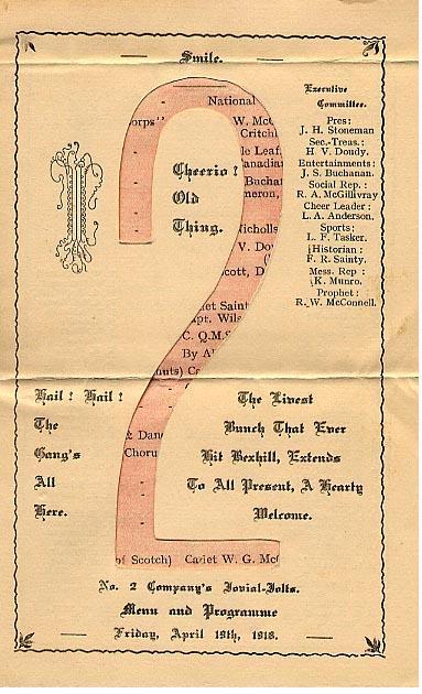 Menu &amp; Programme
#2 Company's
"Jovial Jolts"
April 19, 1918
Page 1