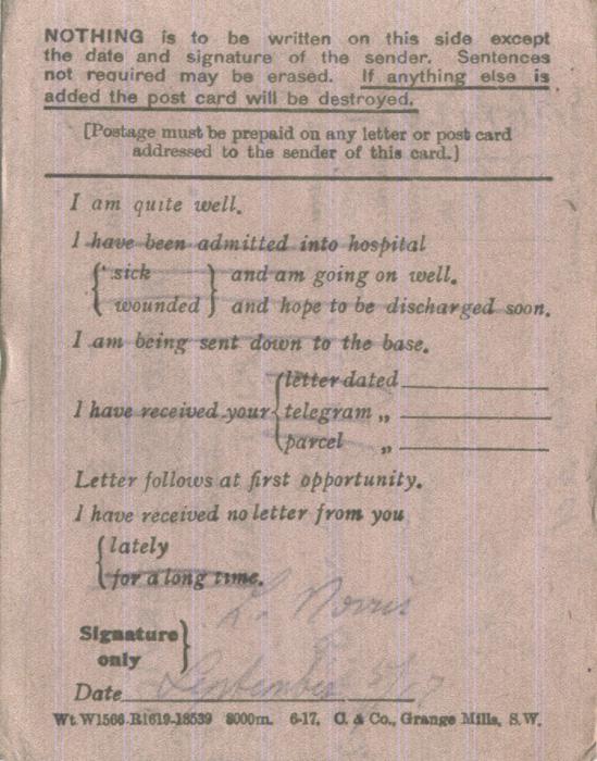 Norris, Louis. September 3, 1917. Back Postcard. 