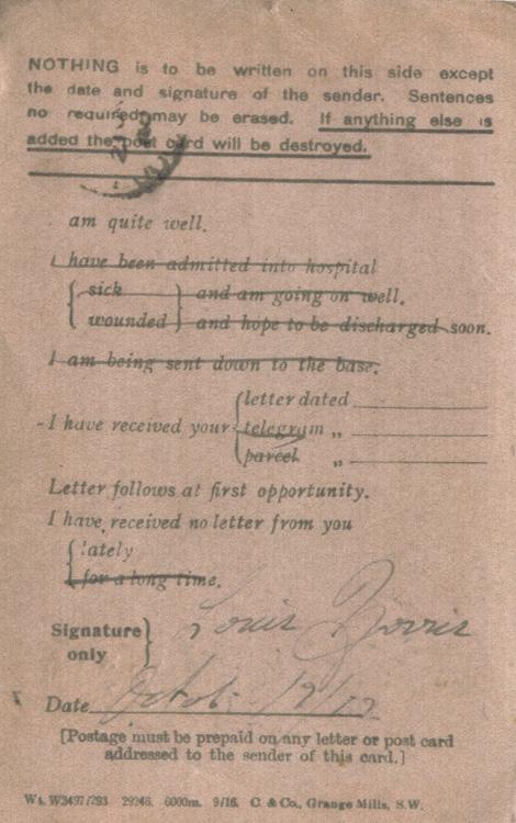 Norris, Louis. October 9, 1917. Back Postcard. 