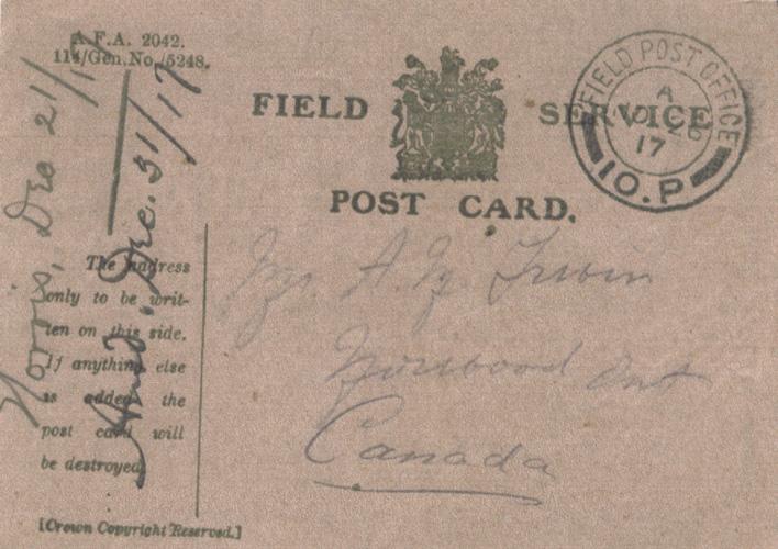 Norris, Louis. November 18, 1917. Front Postcard. 