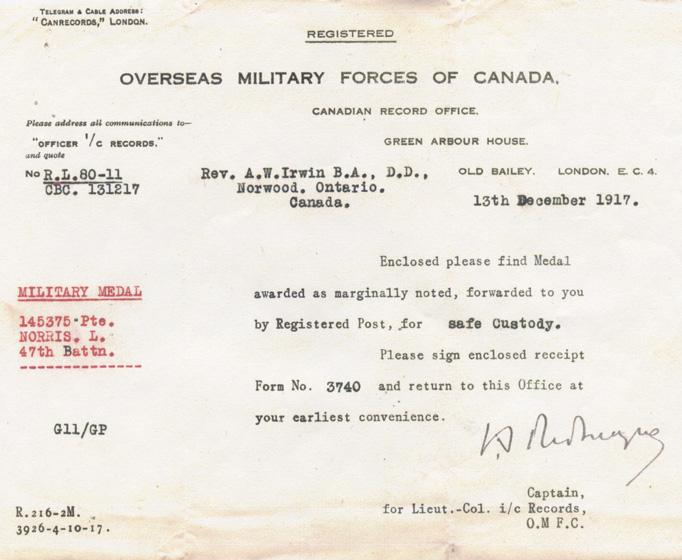 Norris, Louis. December 13, 1917. Telegram regarding his medals. 